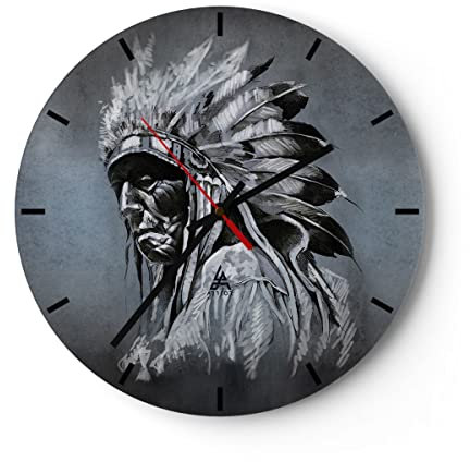 Modern Wanduhr Inder Feder Mann 30x30cm Rund Klein Wand Uhr Glas Analog Zimmeruhren Küche Büro Wohnzimmer Glasuhr Wall Clock Dekoration Design Wanddekoration Küchenuhr C3AR30x30-4914