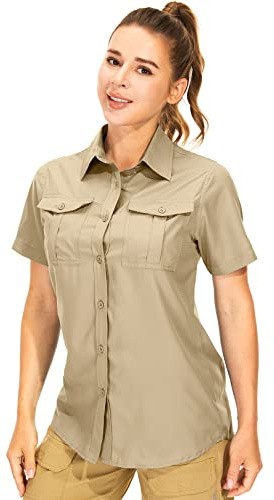 Damen Button-Down-Shirts, LSF 50+, kurzärmelig, Sonnenschutz-Shirts, Stretch, schnell trocknend, Hemd für Angeln, Wandern, Reisen