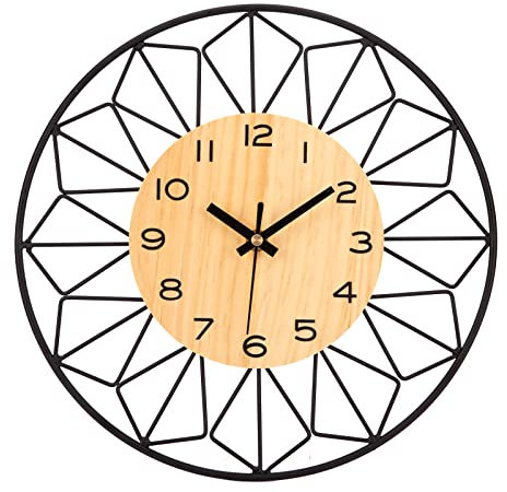 VIVILINEN Reloj de Pared Madera Maciza Metal 40 cm Silencioso Sin Tictac Para Sala de Estar, Dormitorio, Cocina, Oficina - Grande, Madera Natural, Clásico Moderno