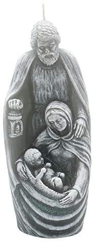 Dekohelden24 Hochwertige Kerze als Heilige Familie in Grau mit Glitter, Größe L/B/H: ca. 6 x 7 x 22 cm