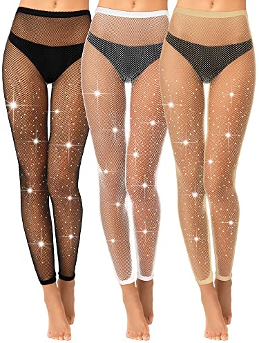 Geyoga 3 Paires Collants à Strass Collants Résille Taille Haute sans Pieds Femme, Taille Unique (Noir, Nu, Blanc)