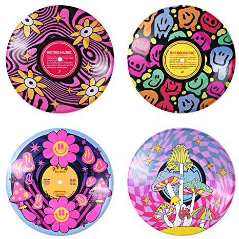Putuo Decor Vinyl-Schallplatten-Dekor-Set mit 4 Stück – Hippie-Indie-Pilz-Raumdekoration, rosa, ästhetische Y2K-Raumdekoration für Teenager-Mädchen, niedliche pastellfarbene dänische Wanddekoration,