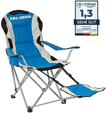 Kirkjubøur® Asgard gepolsterter Campingstuhl mit Getränkehalter, Fußteil, Armlehnen und Tragetasche, schmutz- und wasserabweisend, Maße (HxBxT): 95 x 60 x 50 cm, max. Belastbarkeit: 120 kg (Blau)