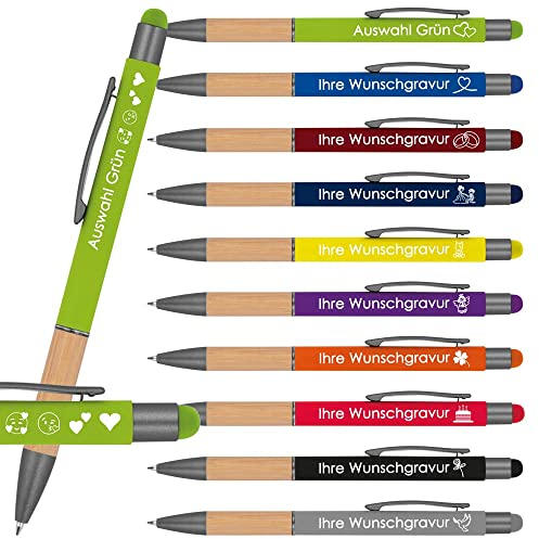 Kugelschreiber mit Gravur mit Bambusgriffzone | blau schreibend | Touchfunktion | Wunschgravur mit Emojis möglich | Werbekugelschreiber personalisiert (Apfelgrün, 25 Stück)