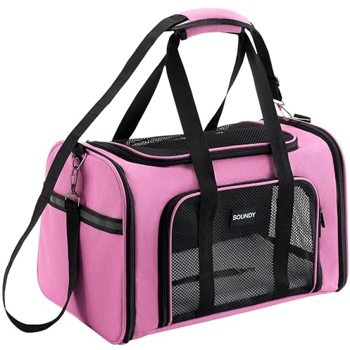 Soundy Hundetragetasche, Katzentragetasche, von Fluggesellschaften zugelassen, für kleine, mittelgroße Hunde, Katzen unter 6,8 kg, Welpen, faltbar, weiche Seiten, TSA-Reisetasche, Größe M, Rosa