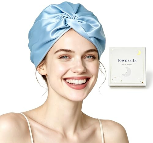 townssilk 100% Maulbeerseide Frauen Nachtmütze, 16Momme Schlafmütze Seide Duschhaube Gut für das Haar, schützt das Haar, Seide Nachtmütze, Doppelschicht,iceblue