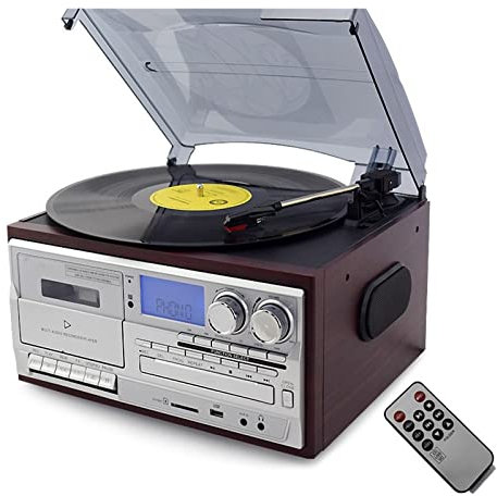 PAKLIF Lecteur de Disque Vinyle Platine Vinyle Compatible Bluetooth à 3 Vitesses Tourne-Disque LP Vintage Gramophone Phono CD & Cassette Radio FM/AM