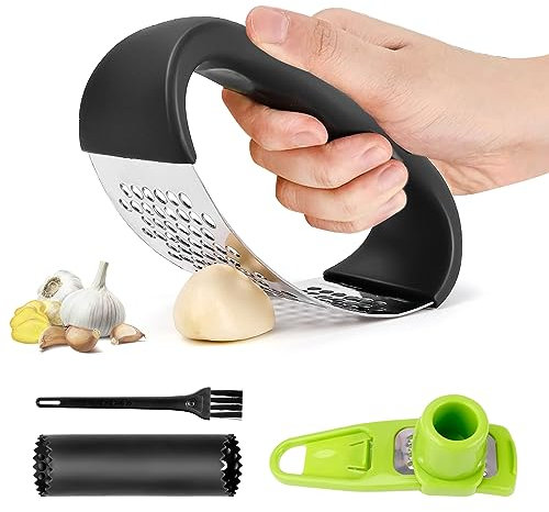 MINISOISO Presse-ail, Presse ail inox, Decoupe Ecrase ail, Garlic Press Rocker, facile à utiliser et à nettoyer avec Épluche-ail en Silicone et Brosse Nettoyante, Convient pour Broyer et Éplucher
