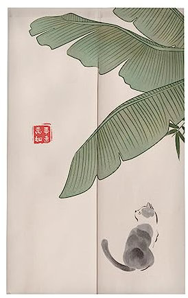Surwin Rideau de Porte Japonais Long Tapisserie Noren en Lin, Vintage Fenêtre Rideaux Panneau Tenture Tapisserie Décoration pour Cuisine Chambre Maison (90x180cm,Chat)