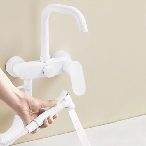 Grifo Cocina Pared Blanco Grifo de Cocina con Pistola Rociadora Agua Fría y Caliente Latón Grifo Fregadero Cocina Pared-Blanco