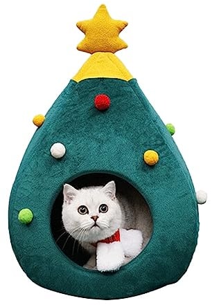 Felenny Casa para gatos de árbol de Navidad para mascotas, camas de casa de Navidad para mascotas, cama cálida para gatos, tienda de campaña verde portátil para mascotas, nido de cueva para gatos,