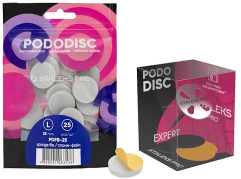 STALEKS Pro Pedicura Set de 25 tapas de lijado desechables para Pododisc 25 mm y 20 mm, fresa para el cuidado de pies de acero inoxidable + 5 limas de repuesto, juego de brocas profesionales para