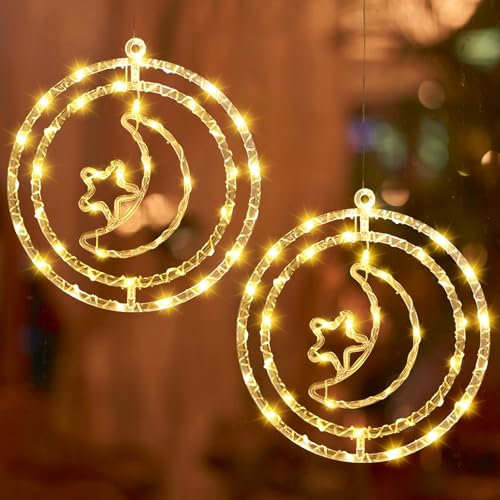 Weihnachtsdeko LED Sterne Drehbar Weihnachtsbeleuchtung Fenster, D32cm Stern Lichterkette Weihnachtsdeko Fenster Mit Saugnäpfe, USB Weihnachtsstern Beleuchtet Innen Für Weihnachten (Stern + Mond)
