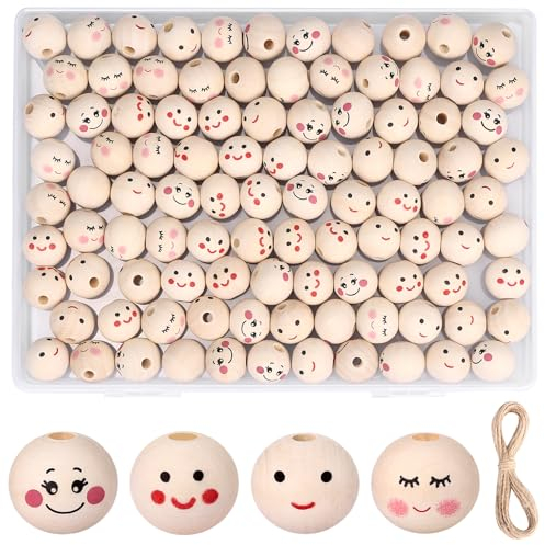 100 Stück Holzperlen mit Gesicht 20mm Holzkugeln Holzköpfe mit Gesicht für Sorgenwürmchen Natur Smile Face Bastelperlen Rund mit Holz für DIY Bastelarbeiten Bastelbedarf Schmuck Armband Halskette