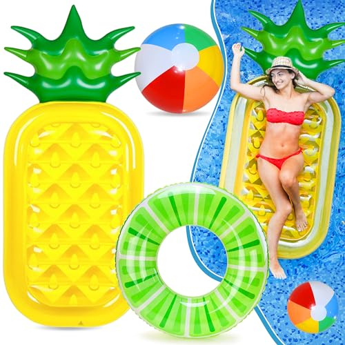 Chennyfun 3 Pcs Aros de Natación, 4 en 1 Inflable Flotante Colchoneta, Cama Flotante de Agua con Bombas Hinchables, Pelotas Hinchables, Aros de Natación, para Adultos y Niños
