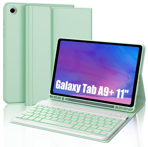 SENGBIRCH Étui Clavier pour Samsung Galaxy Tab A9+ 11'' - Clavier AZERTY Français 7 Couleur Rétro-éclairé pour Galaxy Tab A9+ 11 Pouces 2023, Vert Clair