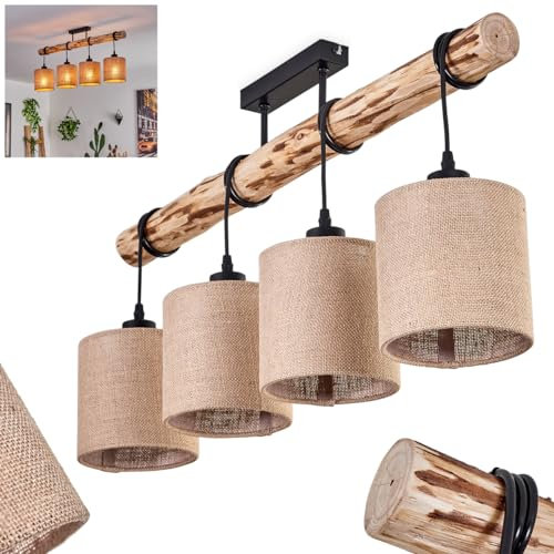 Deckenleuchte Soungou, moderne Deckenlampe aus Holz/Metall/Leinen in Natur/Schwarz/Beige, 4-flammige Deckenleuchte im skandinavischen Design, 4 x E27, Höhe max. 82 cm, ohne Leuchtmittel