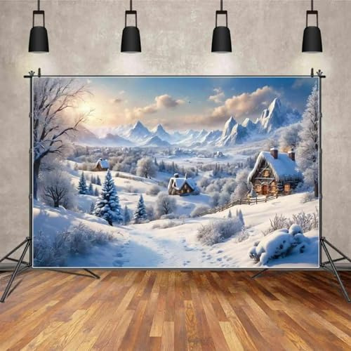 Toile de fond de village de Noël pour photographie, neige, hiver, montagne, forêt, maison, cabane, accessoires de prise de vue, 210 x 150 cm, Vinyle Blanc, Occasion Noël