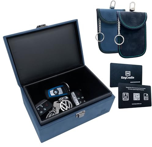 KeyCradle Faraday Box For Car Keys | Faraday Pouch For Car Keys 2 Pack & RFID Card 2 Pack For Your Wallet | XXL Car Key Signal Blocker Box Size 20 x 13 x 9 cm - Blue