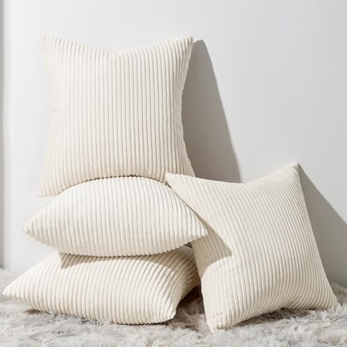 Topfinel 4er Set Samt Kissenbezug Kissenhülle Kopfkissenbezug Dekorative Dekokissen Couchkissen Deko Bezug Sofakissenbezug für Wohnzimmer Schlafzimmer Büro 50x50 cm,Cord-Creme