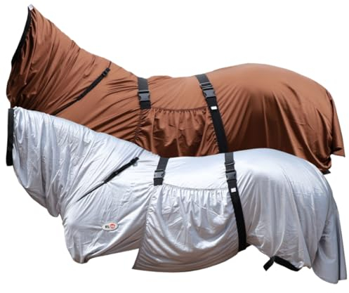 RL24 - Ekzemerdecke mit Halsteil & Bauchlatz – Fliegendecke z. Schutz vor Insekten – feinmaschiges Gewebe, doppelter Frontverschluss & Beinschnüre – Outdoor-Pferdedecke in Silbergrau – 145cm