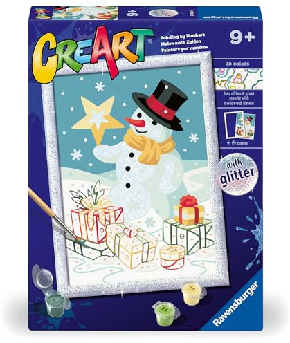 Ravensburger - Creart D: Muñeco de Nieve | Pintar por Numeros Niños | Kit Manualidades Niños 9 Años | Kit Pintura Niños Completo con Purpurina | Regalo Niña 9 Años Navidad | Incluye Marco 24x18cm