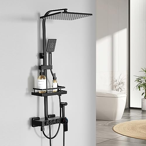 Dnkelar Duschsystem, Duschstange Höhenverstellbar, Duschset mit Mischbatterie, Duschsystem mit Regendusche, Regal und Handbrause mit 3 Strahlarten (Thermostat-2)
