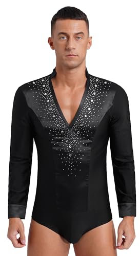 Freebily Herren Body Langarm V-Auschnitt Latein Hemd Mit Glitzer Strass Jazz Tango Top Modern Dance Outfit Performance Tanzkostüm Schwarz L