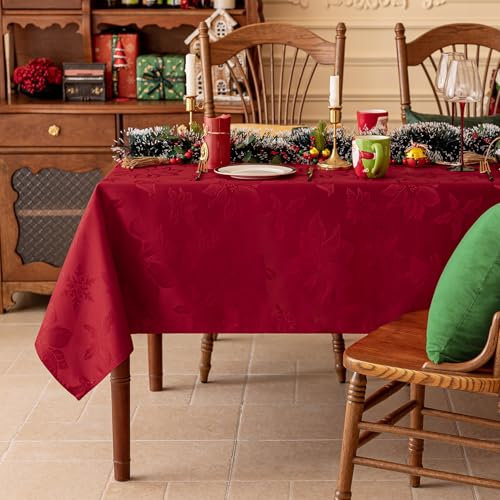 Softalker Rote Tischdecke Weihnachten 80x80 cm abwaschbare Mitteldecke Weihnachtstischdecke mit Weihnachtssternen und Schneeflocken wasserabweisend Tischtuch Silvester Deko für Outdoor Garten Party