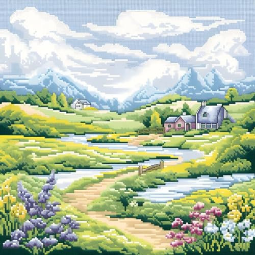 Xinpinzhou Kreuzstich Set Vorgedruckt Dorflandschaft, Stickvorlagen Stickbilder Vorgedruckt Kreuzstich Stickpackungen Stickpackung Cross Stitch Embroidery Kit Stickset Sticken Set Erwachsene Anfänger
