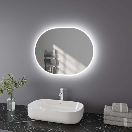 Finmrys Ovaler Badspiegel mit Beleuchtung 60x80 cm LED Spiegel Bad mit Touch-Schalter Beschlagfrei Badezimmerspiegel Dimmbar Beleuchtet Kaltweiß Warmweiß Horizontal Vertikal（31.5x23.62 Inch）