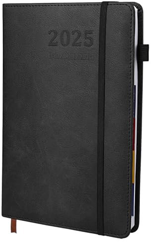 Kalender 2025 Wochenplaner A5, 21 x 14.8cm, 12 Monate Akademischer Terminplaner, Planer Softcover mit PU Leder, Stiftschlaufe, Monatstaben - Schwarz
