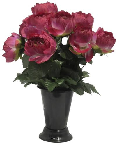 Artificielles.com - Pot Cone pour le cimetière de fleurs artificielles de Pivoines Rose fushia pour la Toussaint - couleur: Rose fushia 730