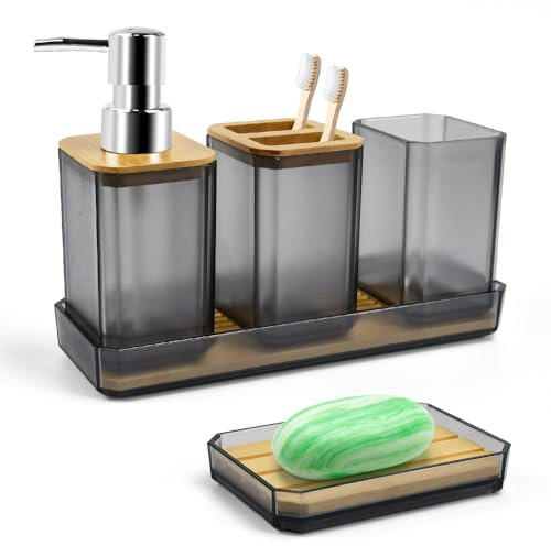 ADERTOS Badezimmer Zubehör Set 5-Teilig Bambus und PS Zahnbürstenhalter, Zahnputzbecher, Seifenspender, Seifenschale, Schminktablett Grau Dekorative Bad Accessoires Badset für Bad,Waschbecken