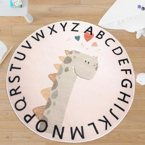 Tapis Design Kinderteppich Teppich Kinderzimmer Rund Kurzflor, rutschfest Waschbare Spielmatte für Jungen Mädchen Mit Tierbild, Grösse: 120 cm Rund, Farbe: Hellrosa
