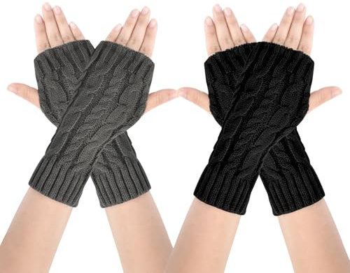 AUYAO 2Pcs Winter Armstulpen Damen Thermo Gestrickte Fingerlos Handschuhe Warm Strick Handstulpen Unisex Armwärmer Stulpen Pulswärmer Winterhandschuhe mit Daumenloch Über (A: Schwarz+Dunkelgrau,22cm)
