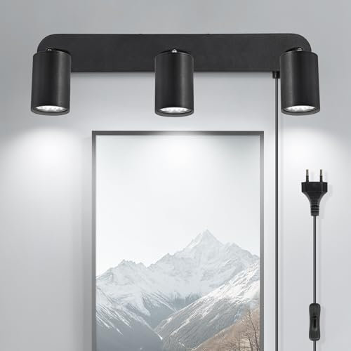 TaFiCo Applique Murale Intérieure avec Prise et Interrupteur 3 Spots - Noir GU10 Lampe de Chevet Murale Tourner 350° Rétro - Lampe Murale pour Chambre Salon Couloir Peinture Murale - Sans Ampoules