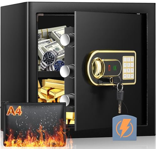 Mejasg 45L Safe Tresor Feuerfest mit Feuerfester Wasserdichter Dokumententasche, Möbeltresor mit Herausnehmbares Regal&Externes Batteriefach, Digitaler Tresor für Zuhause Bargeld Schmuck A4 Dokumente