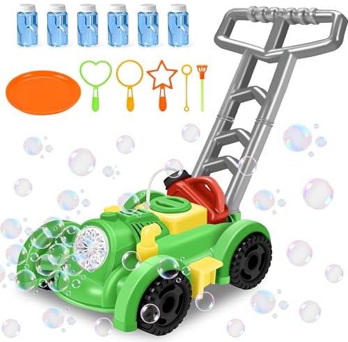 Herefun Maquina Pompas Jabon, Cortacesped Juguete Burbujas Jardin, Mecanismo de Soplado Automático, Juguetes Exterior para Niños Jardin, Regalos para Nayores de 3 Años (Verde)