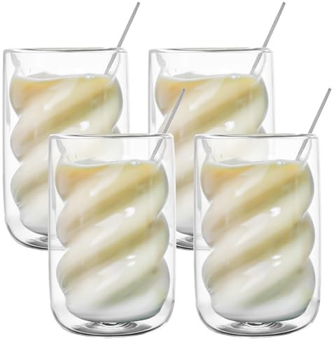 Set di 4 bicchieri da caffè a doppia parete, per latte macchiato, 350 ml, con 4 cucchiai, a forma di spirale, in vetro, per cappuccino, latte, tè, tè freddo, iced americano e latte