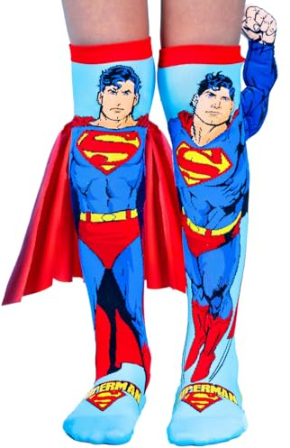 Madmia Batman Superman Socken: Farbenfrohe Socken mit 3D-Applikationen, für Kinder und Erwachsene im Alter von 6 bis 99 Jahre