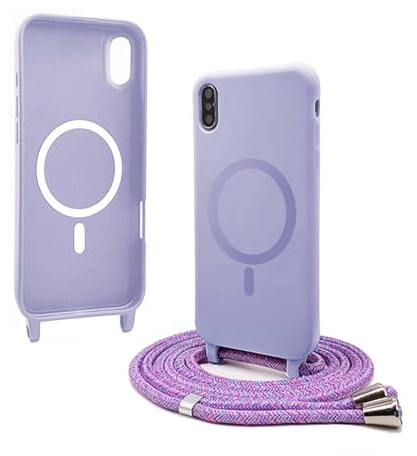 Bigcousin Funda Magnética con Cuerda Compatible con iPhone XR,Compatible con Magsafe,Silicona Caso con Correa Colgante Ajustable Collar Correa de Cuello Cadena Cordón,Morado