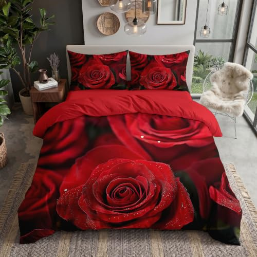 DLERFLOVR Bettwäsche 135x200cm 2 teilig - EIN Strauß roter Rosen Bettwäsche-Sets mit 1 Kissenbezüge 80x80cm Romantisches Thema Wendebettwäsche Bedding mit Reißverschluss