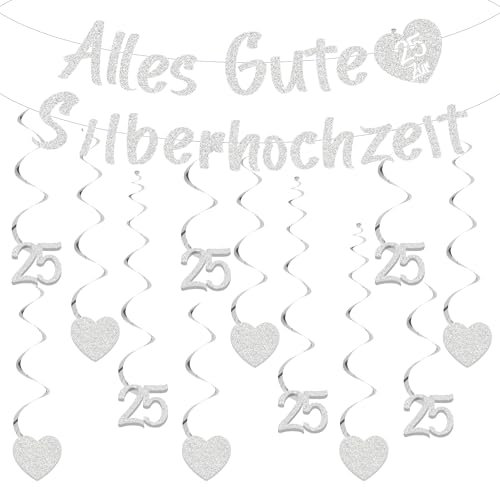 Xietaea Silberhochzeit Deko Girlande Set - Silberne 25 Hochzeitstag Dekoration Banner und Hängende Wirbel Zahl 25, Spiralen Hängedeko Garland für 25. Jubiläum Silber Hochzeit Partydeko