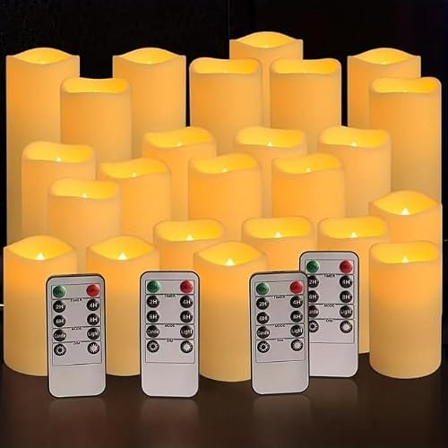 Urban London 24-Pack LED Flameless Candles with Remote and Timer - Battery Powered Glitter Embellished for Wedding Halloween Christmas Home Décor (3 Sizes: 10cm 12cm 15cm)