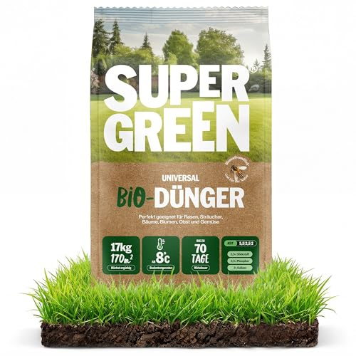 SUPERGREEN Bio-Dünger rein Organisch | 17kg | Langzeit bis 70 Tage | NPK 5,5-2,5-2 für Rasen, Gemüse, Obst & Pflanzen | 100% pflanzlich, vegan & nitratfrei | Feines Granulat | Premium Qualität