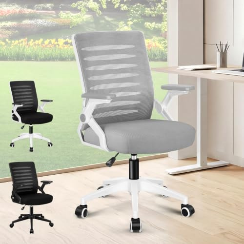 ALFORDSON Bürostuhl Ergonomisch Netzstuhl Schreibtischstuhl,Weiß Grau | Hochwertiger Schaumstoff Sitz, S-Kurven Rückenstütze,Hochklappbare Armlehnen, 360° Drehstuhl, 150 kg belastbar