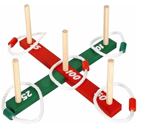ADEPTNA Wooden Garden Quoits Ring Toss Game - Indoor Outdoor Family Fun - Classic Traditional Rope Hoopla Set for Kids & Adults - Perfect for BBQ, Parties, Picnics, & Lawn Games