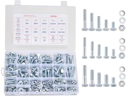 VEVOR 566 Pcs Bolts and Nuts Assortment Kit, Imperial Machine Screws and Flat Washers, Alloy Steel 1/4-20,5/16-18,3/8-16, for Furniture/Equipment/Vehicle Assembly, Galvanized White