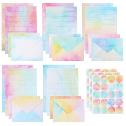ErShiPing 160 Aquarell Briefpapier mit Umschlag Set | 50 Buntes Schreibpapier Liniert & 50 Briefumschläge & 60 Stickers, für Stationery Set Hochzeitseinladungen
